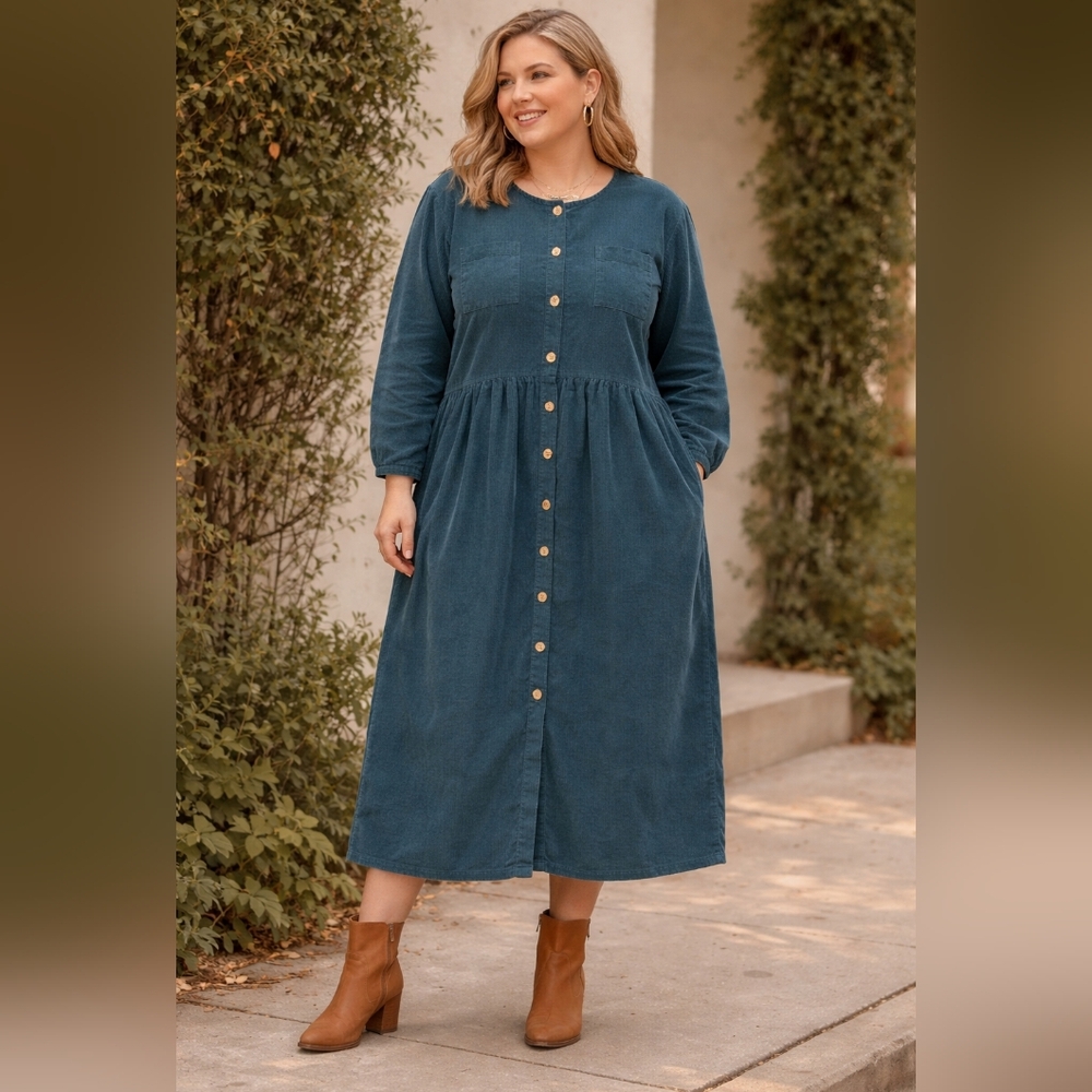 Vintage Tickets Brand Women's Long Sleeve Datk Teal Corduroy Dress Sz 15/16